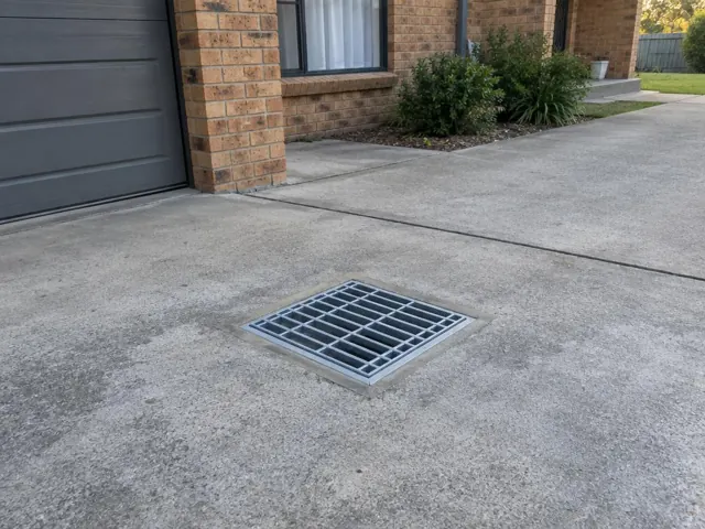 Concrete driveway with a square metal drain grate beside a brick house in Ferodale