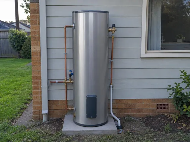 Outdoor stainless hot water cylinder on a concrete pad beside a weatherboard house in Medowie